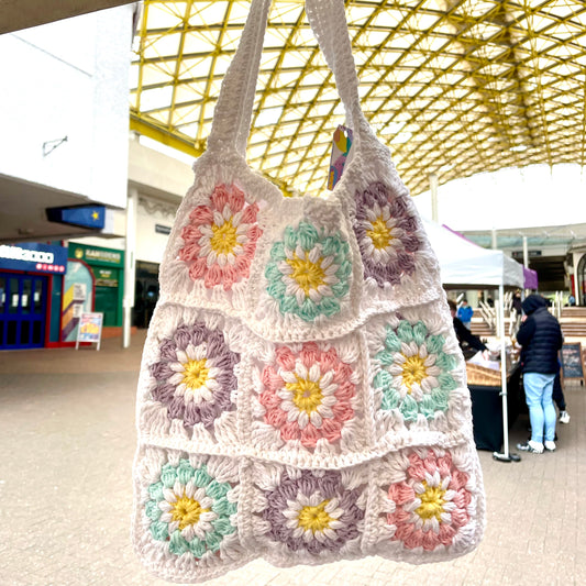 Handmade square pastel flower crochet tote bag