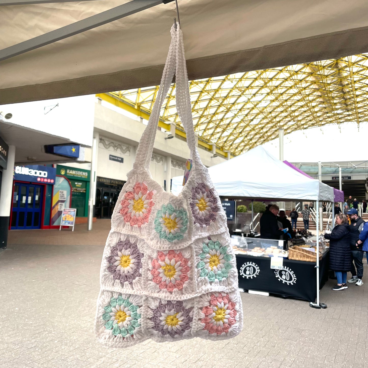 Handmade square pastel flower crochet tote bag