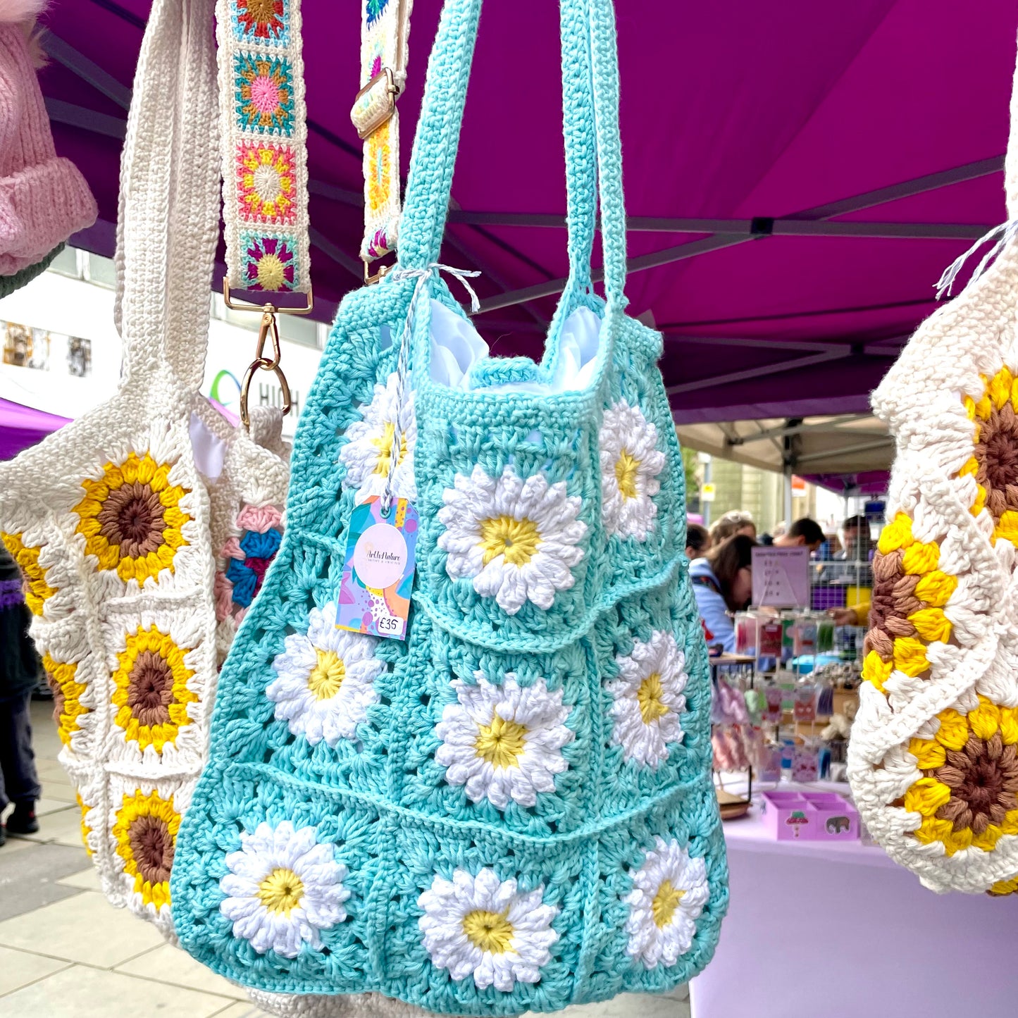 Handmade square large  light turquoise flower crochet tote bag