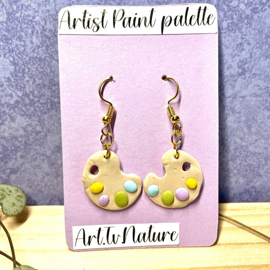 artist paint palette earrings with lilac backing card