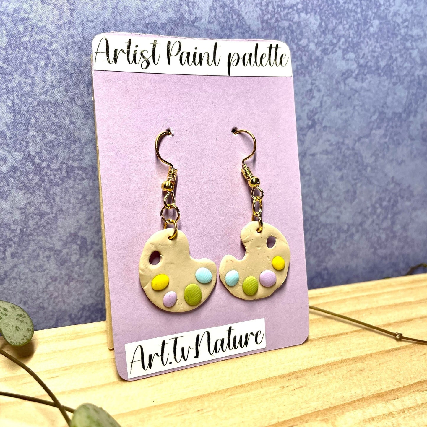 artist paint palette earrings with lilac backing card