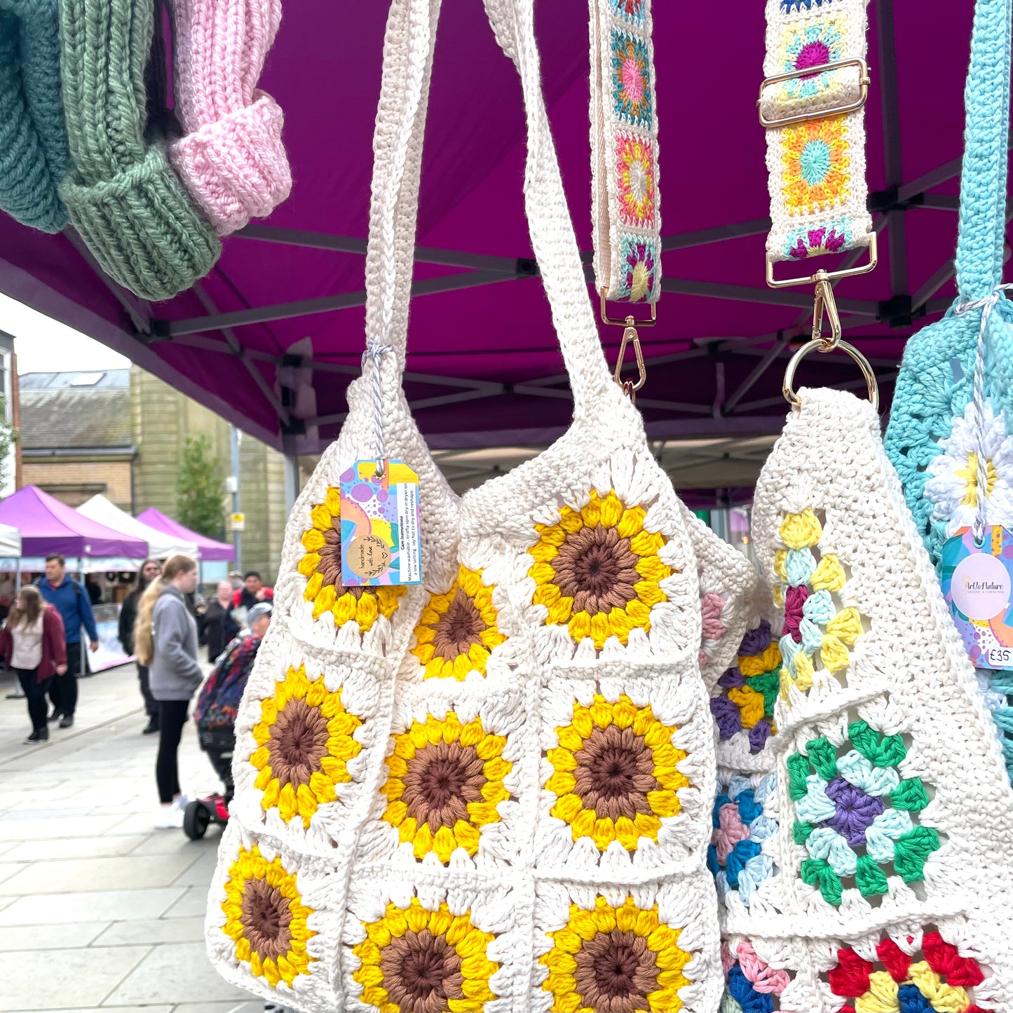 Handmade square large Sunflower crochet tote bag