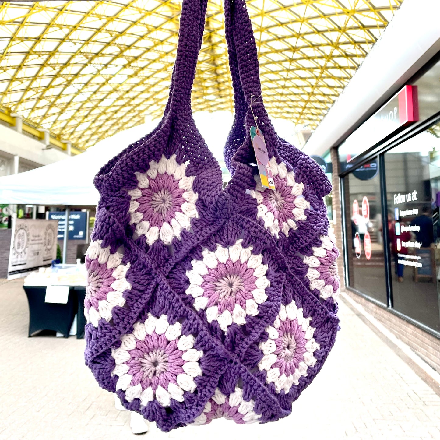 Handmade crochet purple flower summer tote bag