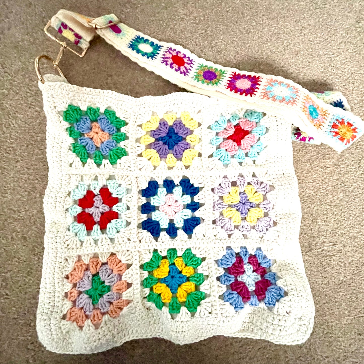 Handmade square large colour flower crochet tote bag