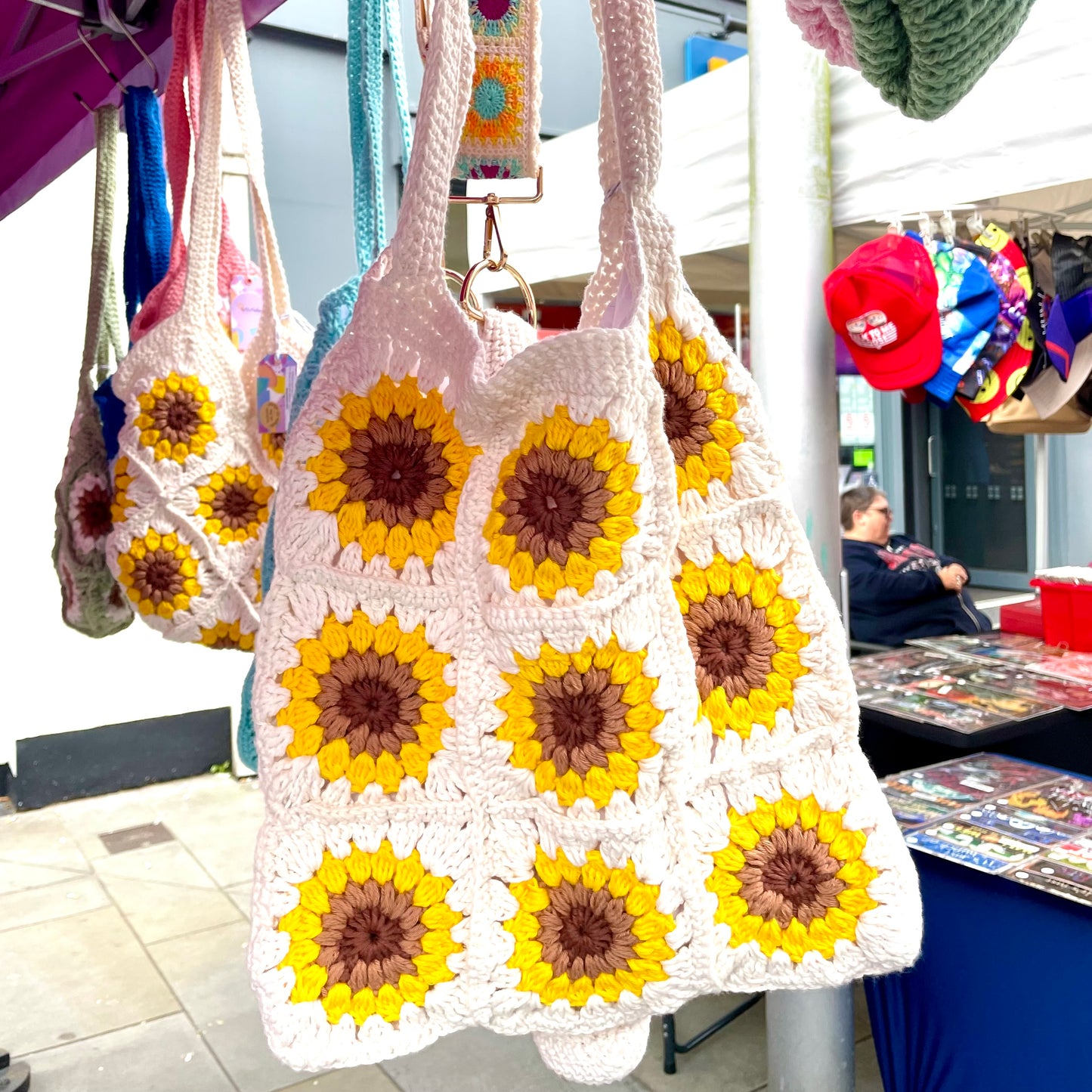 Handmade square large Sunflower crochet tote bag