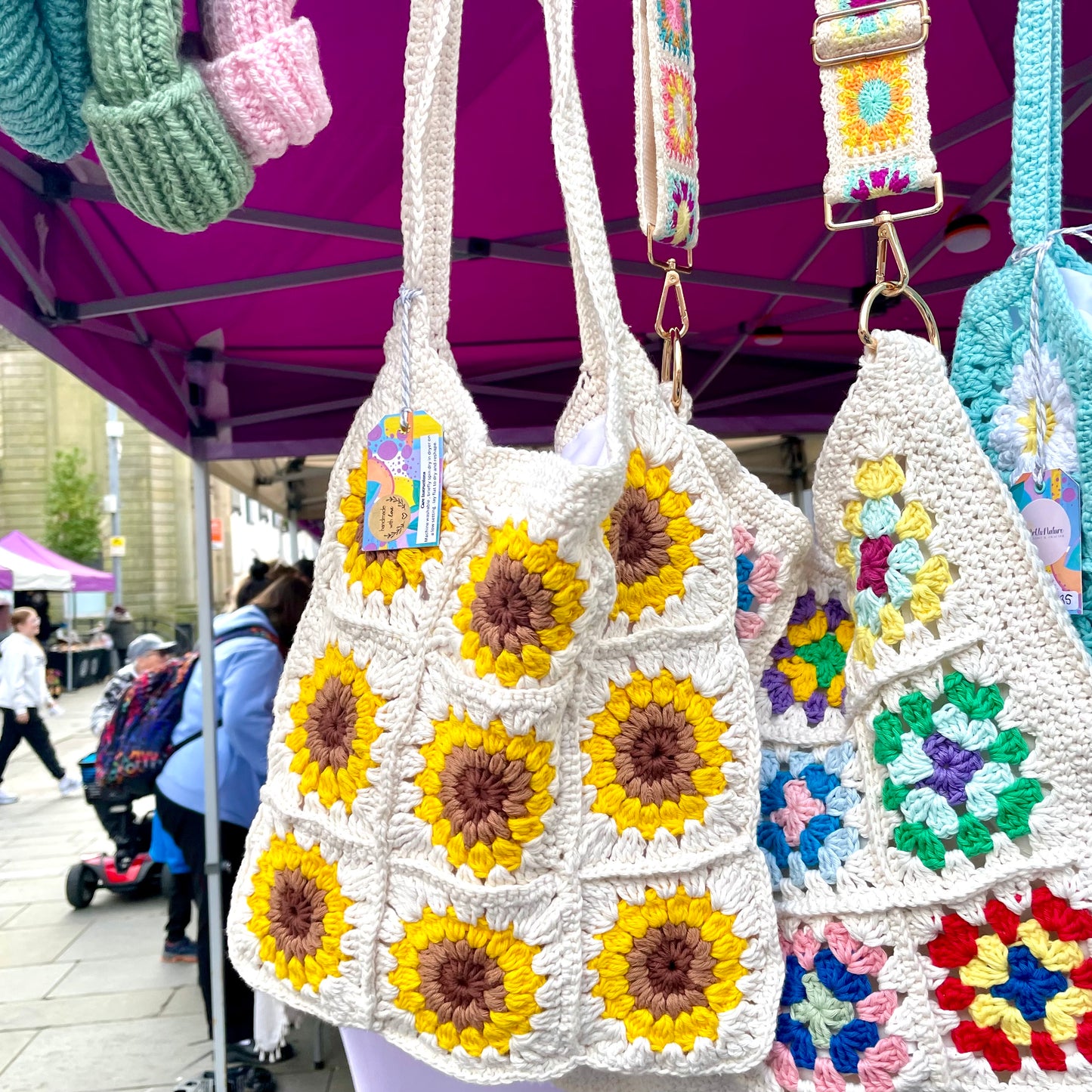 Handmade square large Sunflower crochet tote bag