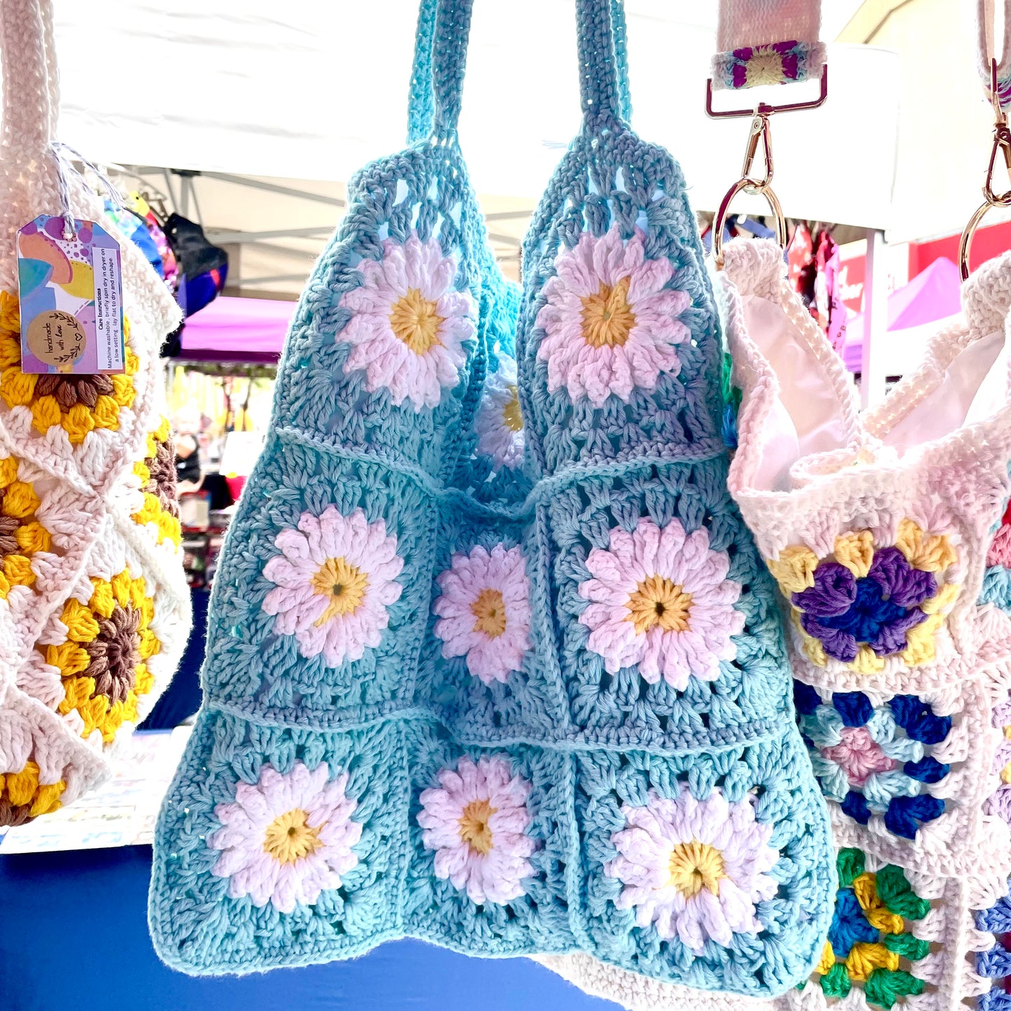 Handmade square large  light turquoise flower crochet tote bag