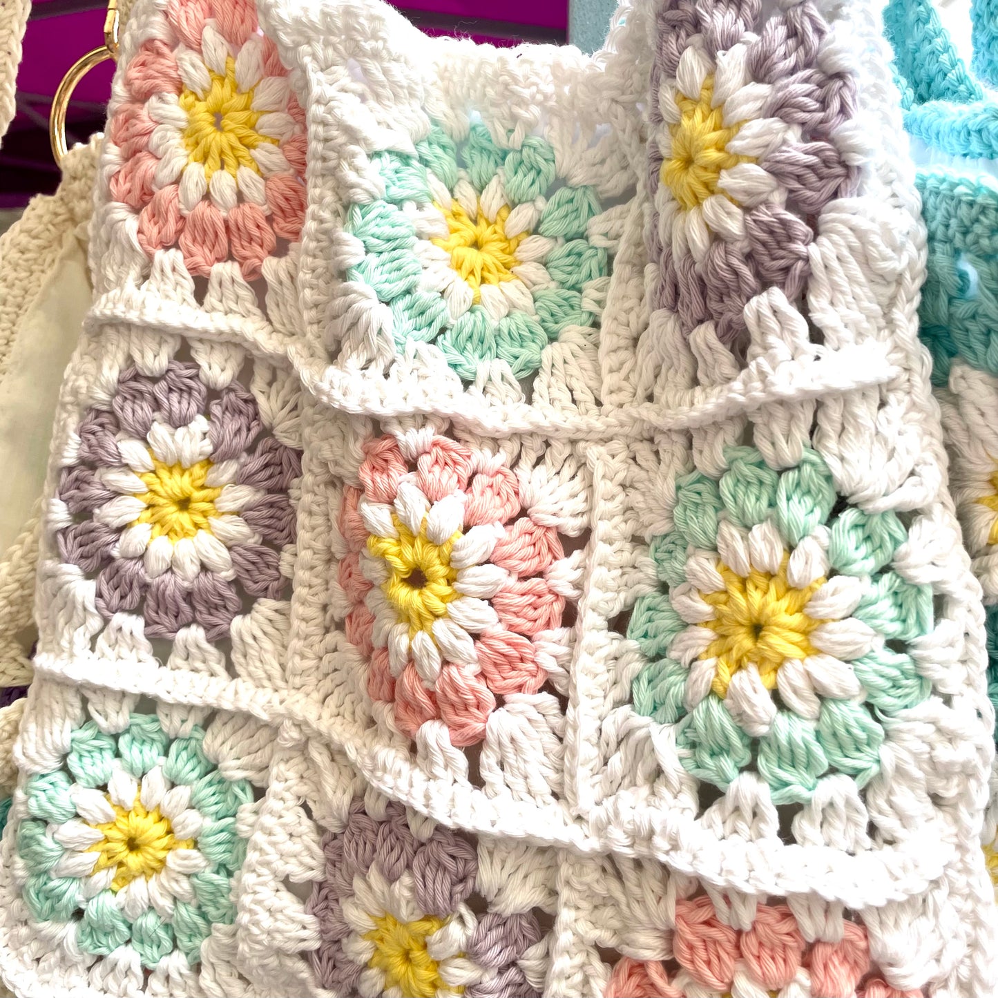 Handmade square pastel flower crochet tote bag