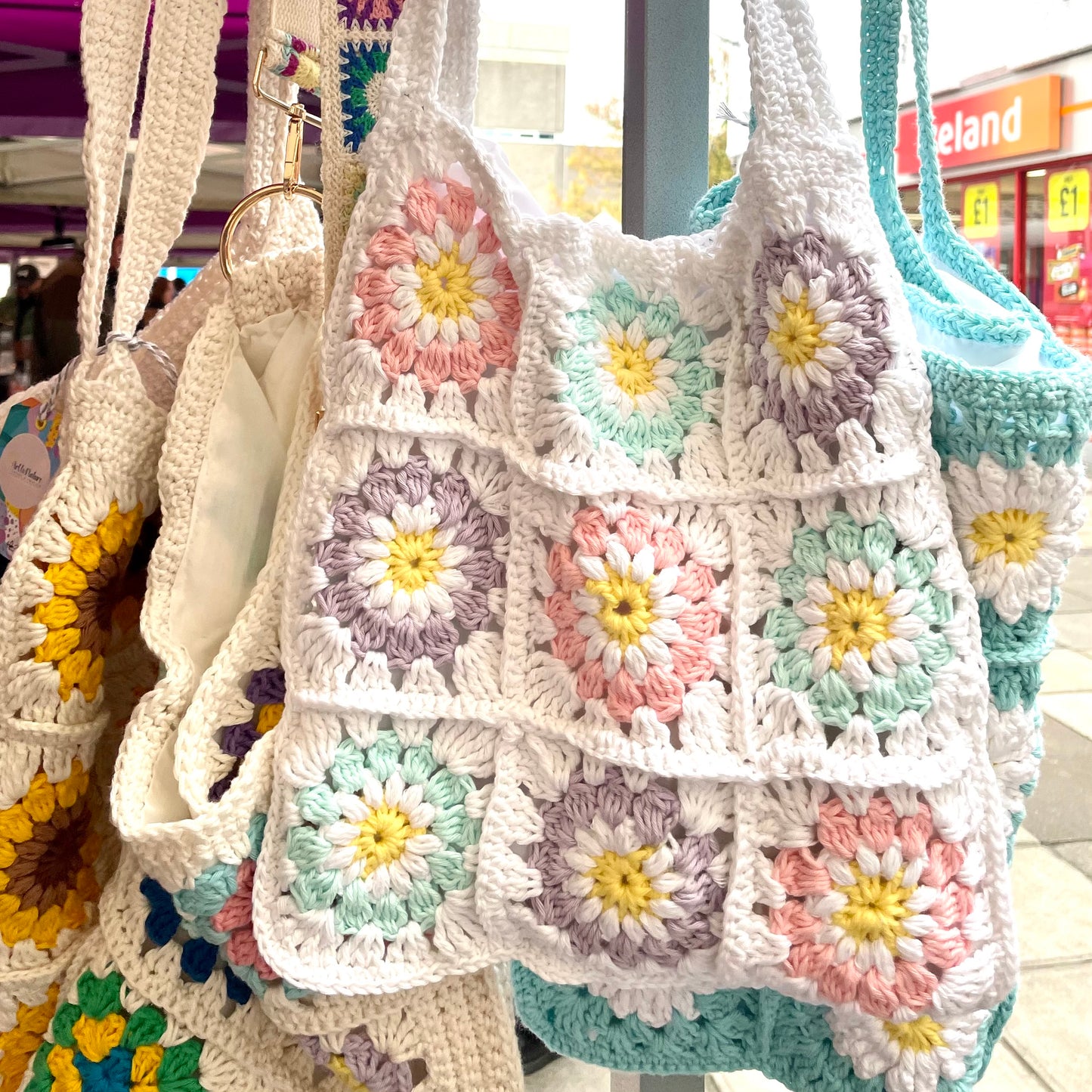 Handmade square pastel flower crochet tote bag