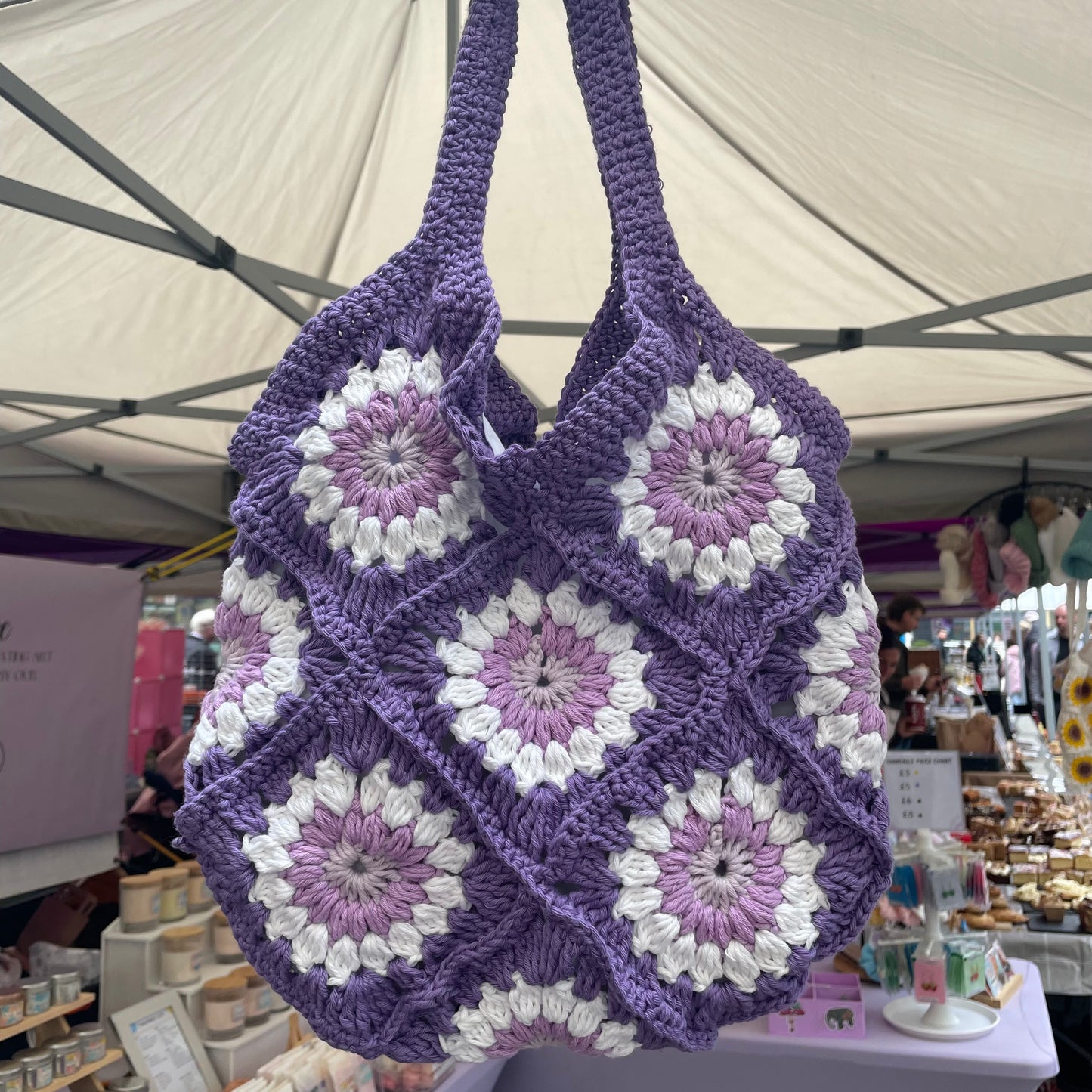 Handmade crochet purple flower summer tote bag