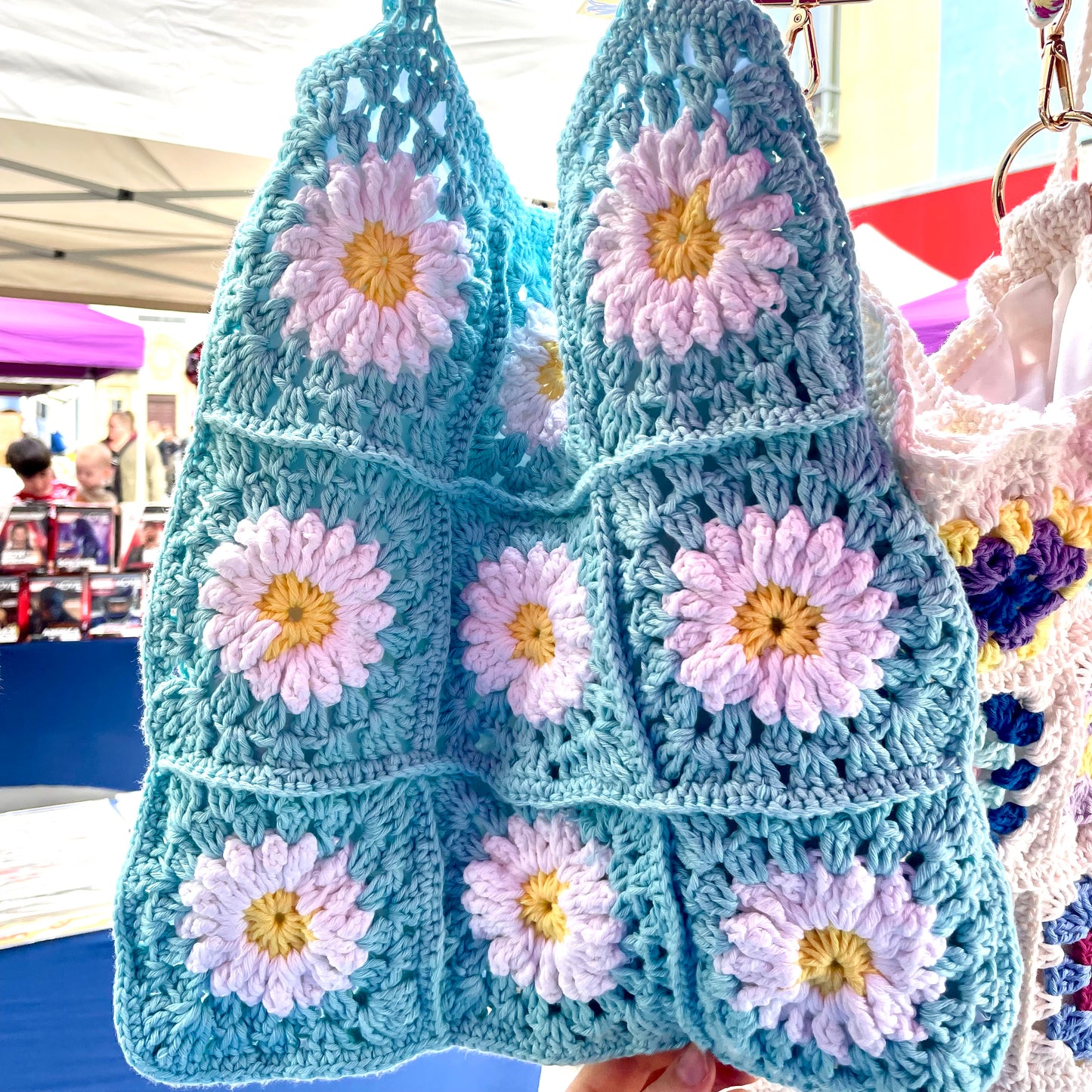 Handmade square large  light turquoise flower crochet tote bag