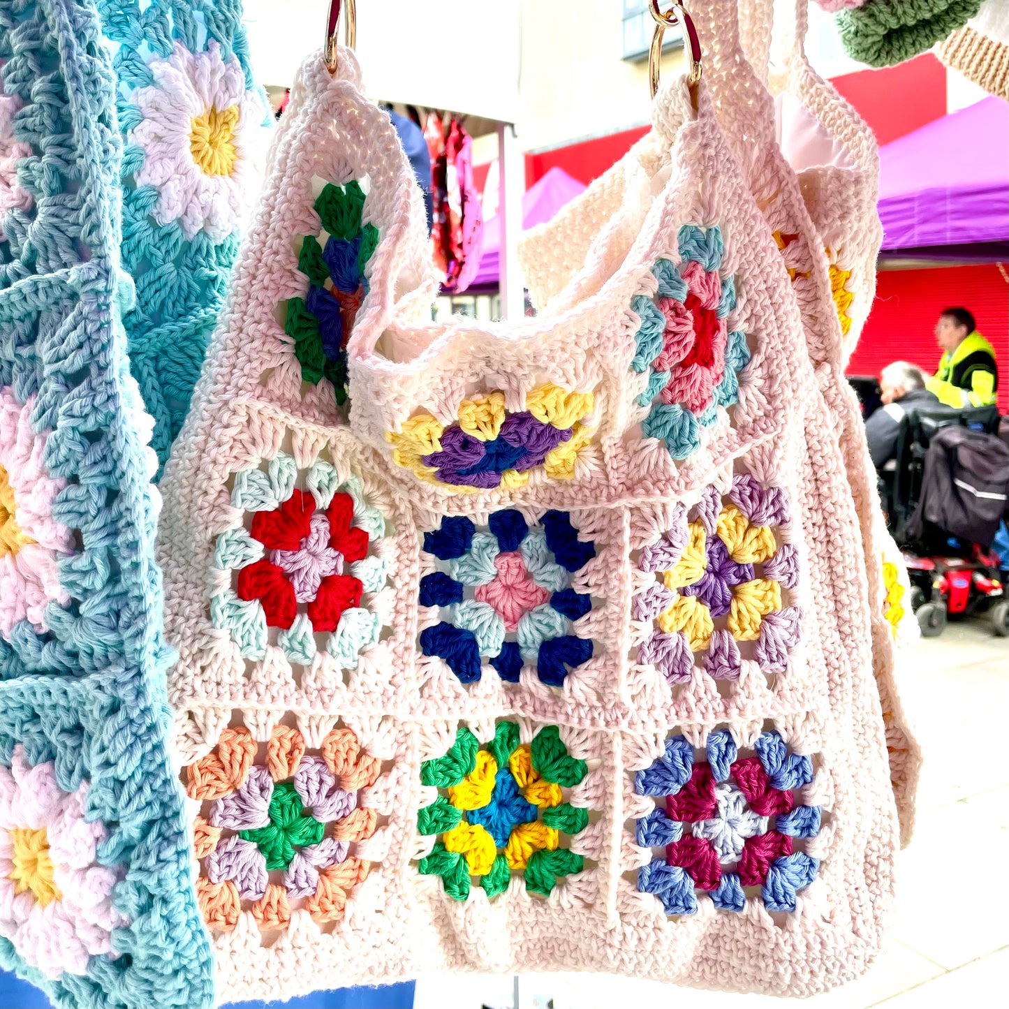 Handmade square large colour flower crochet tote bag