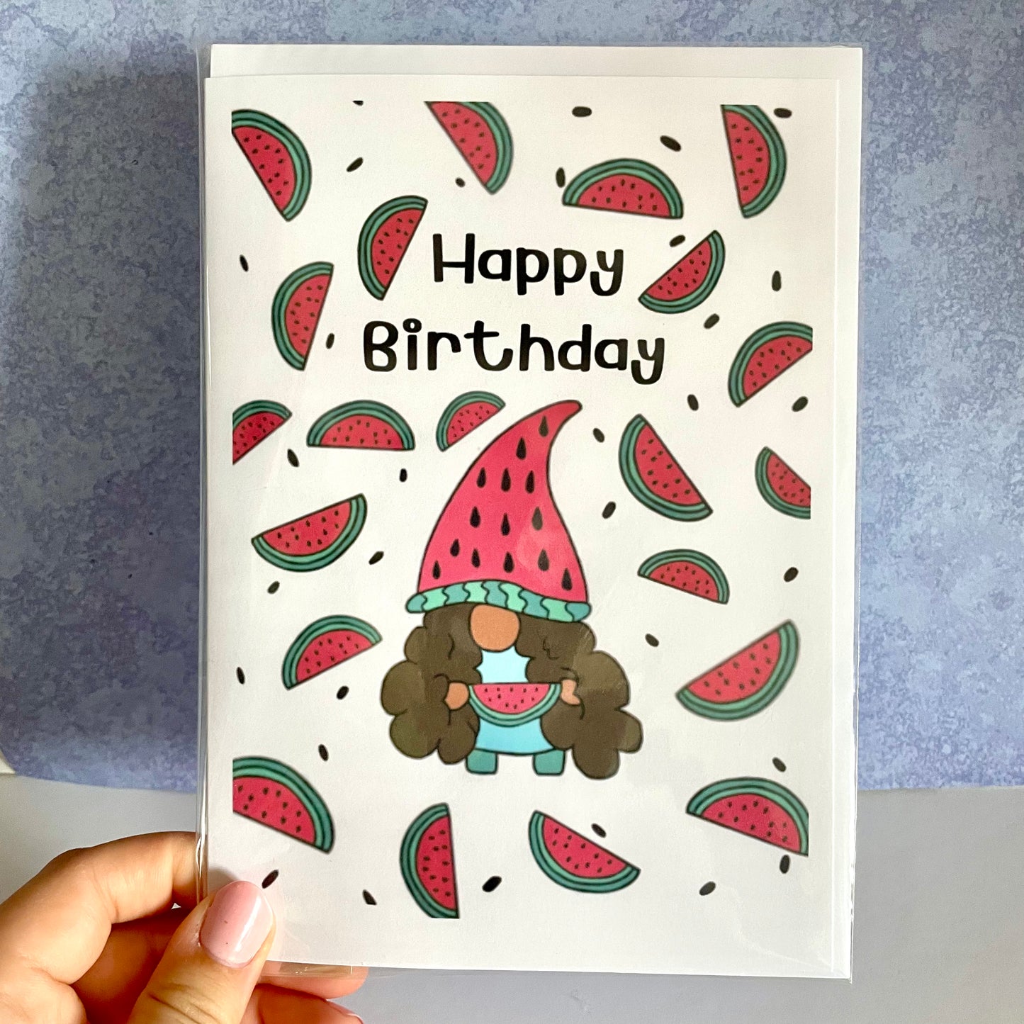 Watermelon gnome illustration Birthday card