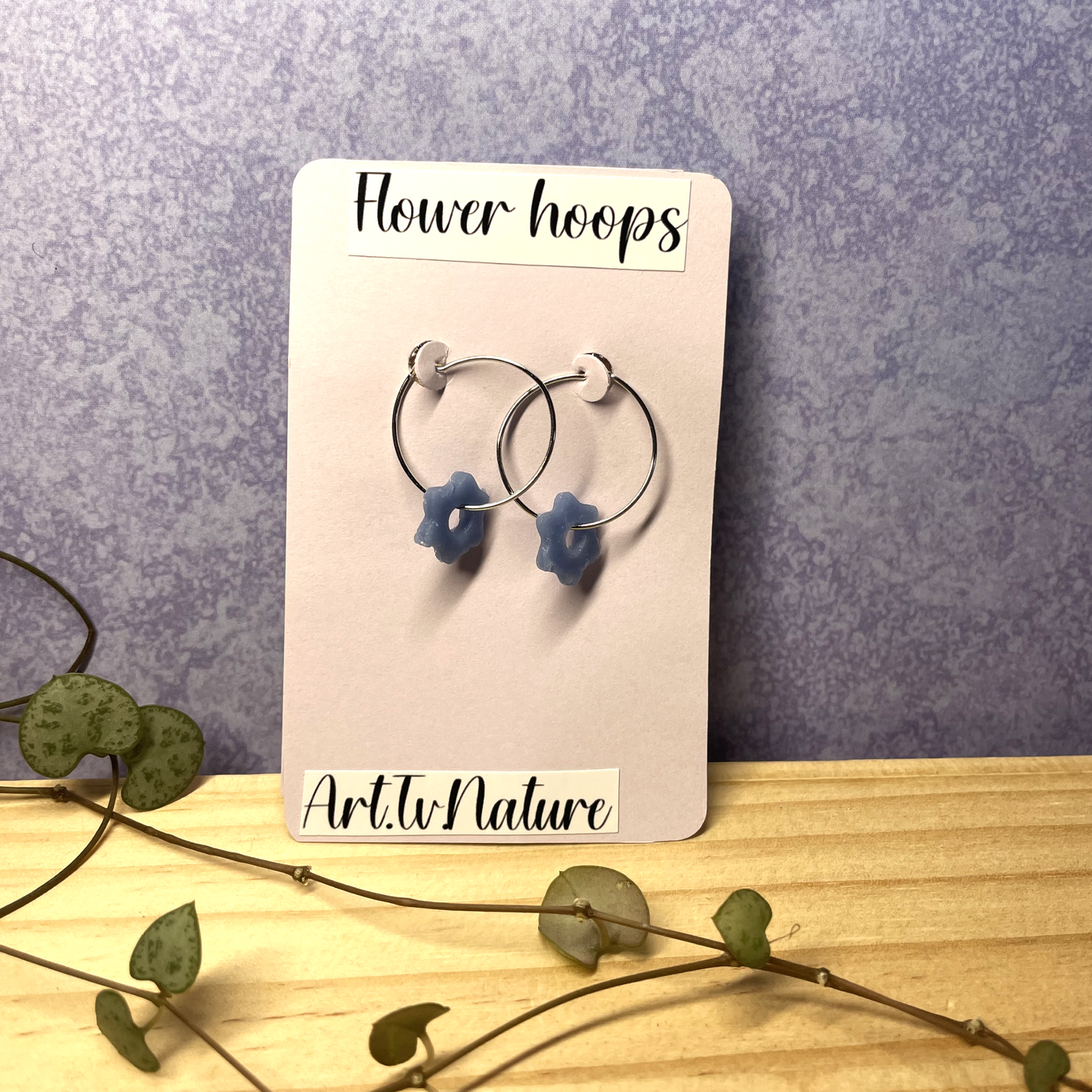 Handmade flower design hoop earrings , blue