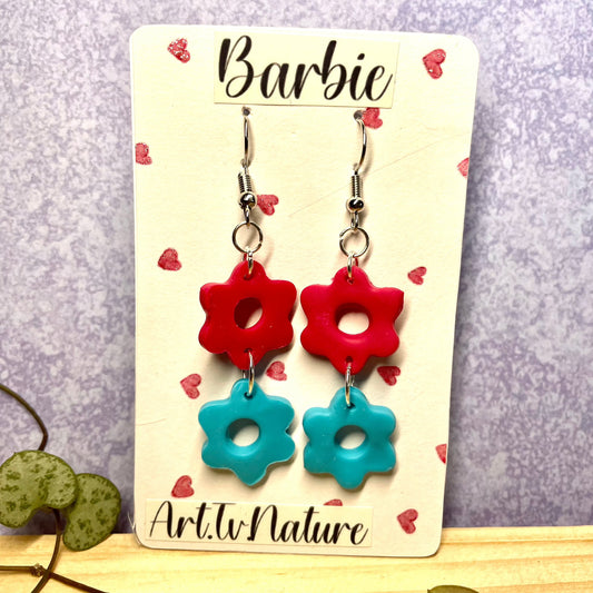 Barbie inspired pink and blue flower earrings on a heart backing card