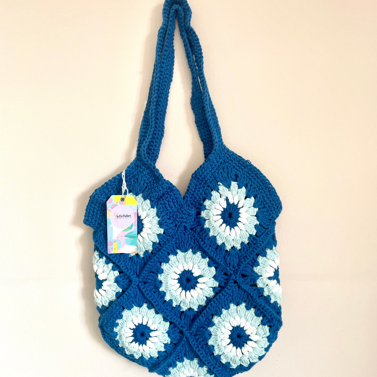 Handmade crochet blue flower summer tote bag