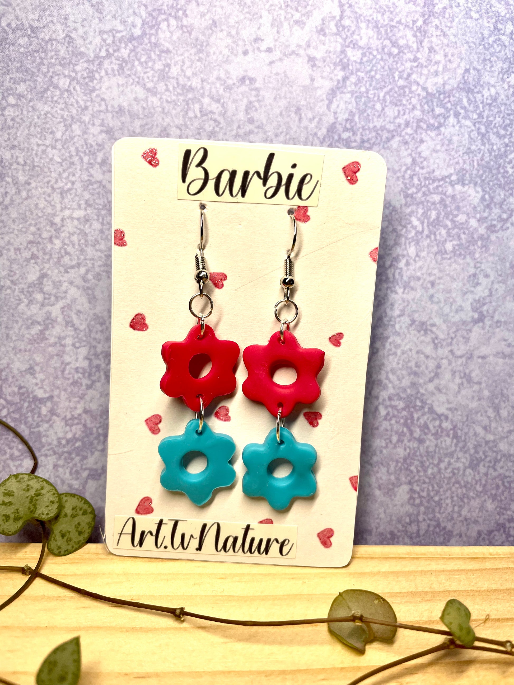 Barbie inspired pink and blue flower earrings on a heart backing card